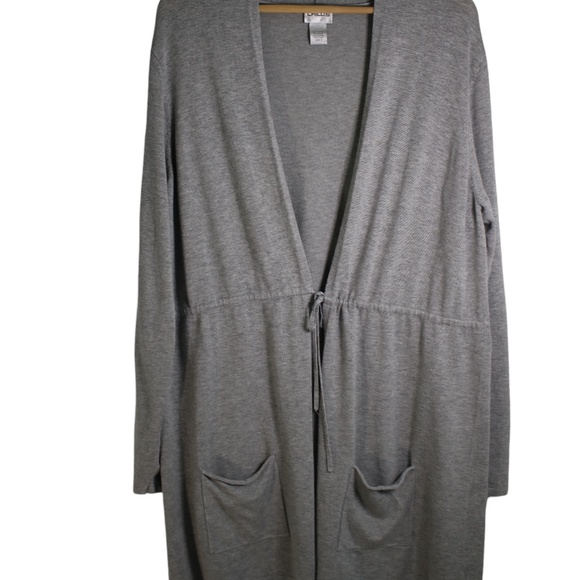 Chico’s size 3 Long Cardigan with Tie Waist and Pockets in Light Grey Sweater - Picture 2 of 5
